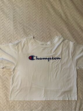 Woman’s Size Large Champion White Crop Tee with Navy and Red Logo